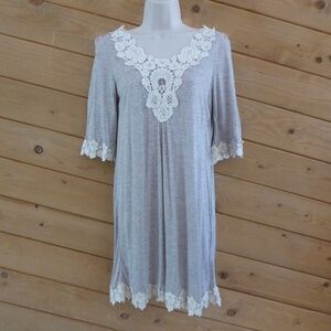 IORI Taupe Short Sleeve Boho Peasant Lace on Collar V-neck Casual Jersey Dress S